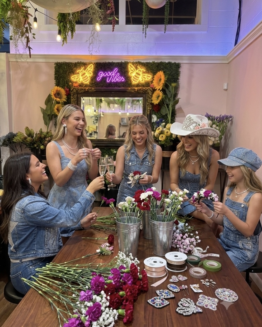 Group making flower crowns and rhinestone hats at a Worker Bee Workshop
